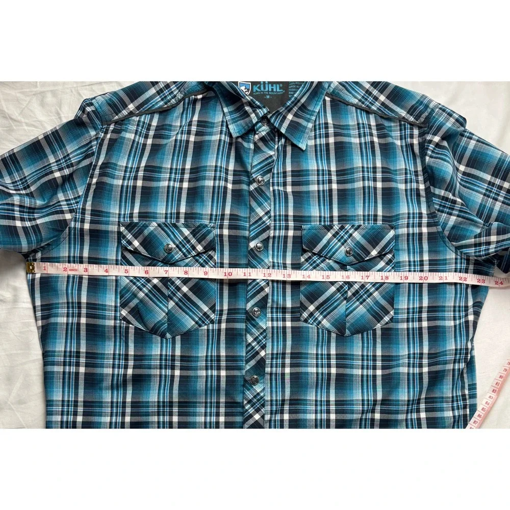 Kuhl Eluxur Mens Medium‎ Blue Plaid Short Sleeve Snap Front Performance Shirt M